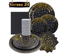 VAINECHAY 146pcs Vajilla Desechable Cumpleaños Adulto Platos Desechables Fiesta Infantil Vasos de Papel Servilletas Pajitas para Navidad Boda Baby Shower Aniversario Negro 24 invitados