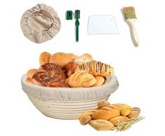 Deeabo Conjunto de Canasta Prueba Pan, Canasta de Pan Fermentado en Ratán Kit Canasta Prueba de Baguette Panadería Profesional,22cm Canasta de Ratán + Cubierta de Tela + Cepillo + Cortador + Raspador