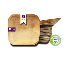 GoBeTree Platos Desechables de Hoja de Palma 25 Platos Cuadrados de 18 cm. Vajilla Rustica de Madera para barbacoas y Fiesta de cumpleaños.