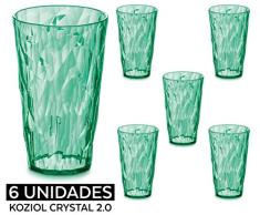 Koziol. Conjunto de 6 vasos 400ml Koziol Crystal fabricados en acrílico. Vasos verdes transparentes de plástico imitando el cristal. Vasos de plástico para comidas o cenas. Lavables en lavavajillas.