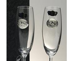 Set/Estuche de 2 Copas de champán para Novios, Bodas de Plata/Oro, Aniversarios, colección Gastro-ALIANZAS, Aplique bilaminado.
