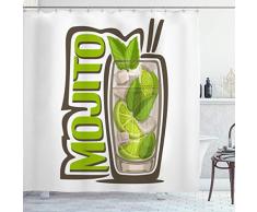 DYCBNESS Cortina de Ducha,Barra Verde Alcohol Cóctel Mojito Vaso Lleno Comida Larga Bebida Bebida Caipirinha Cítrico Frío Claro,Durable Cortina de Baño Impermeable,180 x 180 cm