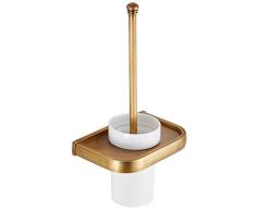 CASEWIND Artesanal Escobillero Escobilla con Taza Cerámica Montado en Pared del Baño, Cobre y Latón con Color Oro, Retro y Elegante