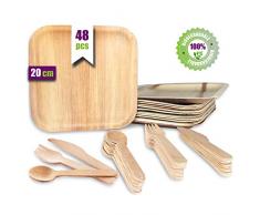 Vajilla desechable de 48 Piezas, 12 Platos de Hoja de Palma Cuadrados de 20 cm, Juego de Cubiertos de Madera Abedul de 12 cucharas, 12 Tenedores y 12 Cuchillos, Rustica, elegante y biodegradable