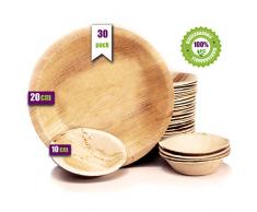 Platos desechables de hoja de palma 30 Piezas, 25 Platos redondos de 20 cm y 5 Platos de 10 cm. vajilla rustica de madera para barbacoas y fiesta de cumpleaños. Biodegradable libre de plástico.