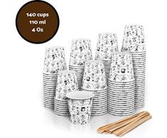 140 Vasos Carton Desechables para Café Espresso 110 ml con Agitadores de Madera para Café Para Llevar