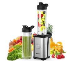 Batidora de Vaso individual, homgeek Licuadora Portatil 350W para Smoothies, Frutas y Verduras, Incluye 2 Botellas de 600 ml, Cuerpo de Acero Inoxidable, Operación con Solo Botón, Sin BPA, Plata