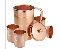Set de 4 vasos de agua y una jarra con tapa, cobre beben ware de ayurvedic healing, capacidad de 1.6 litros