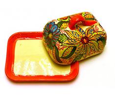 MANTEQUILLERA en ceramica hecha y pintada a mano con decoración flor. 16,5 cm x 13 cm x 10 cm (NARANJA)