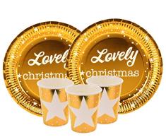 Vajilla Navidad Desechable de 48 Piezas. Platos y Vasos Dorados con El Texto Lovely Christmas en Blanco
