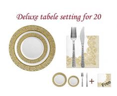 DECORLINE Estable lujo placa de plástico desechables platos -Desechables lujo Vajilla - Blanca con borde de encaje de oro -Inspiración Colección((Vajilla fijó 20 PERSONAS blanco/oro)