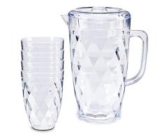 MGE - Set de Jarra de Agua con Tapa y Vasos - Jarra para Agua, Té, Zumo de Frutas - Botella de Diseño en Acrílico con Tapa + 4 Vasos - 1,25 L