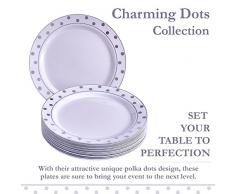VAJILLA PARA FIESTAS DESECHABLE DE 20 PIEZAS | 20 platos para ensalada/postre| Platos de plástico resistente | Elegante aspecto de porcelana fina | Para bodas y comidas de lujo (Dots - Plata - 19 cm)