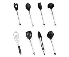 Utensilios Cocina Silicona, Bi-Komfort 8 Pcs Cocina Accesorios; Incluyen Pinzas Cocina, Tenedor Pasta, Batidor, Turner Ranurado, Cuchara para Servir, Cucharón Sopa, Colador y Espátula Flexible