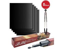 Beeway Estera de Barbacoa, 5 Piezas Antiadherente Reutilizable Alfombrilla de Barbacoa para Horno, Gas Carbón, Parrilla y BBQ - con Pinzas de Cocina Silicona 12