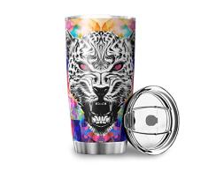 Fanaxii Psychedelic Leopard Taza de café de acero inoxidable, antigoteo, termo con doble pared, aislante, vaso de viaje con tapa, vaso de agua para viajes, camping, coche, blanco, 600 ml