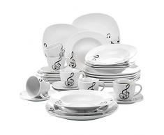 VEWEET Melody 30 Piezas Vajillas de Porcelana Juegos con 6 Taza 175 ml, 6 Platillo, 6 Platos, 6 Platos de Postre y 6 Platos Hondos para 6 Personas
