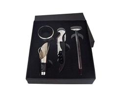 Takestop Juego 4 piezas de regalo para vino sacacorchos de acero inoxidable + anillo Salva gota + tapón dosificador de acero inoxidable + Termómetro sacacorchos de palanca tira Bouchon vino champán
