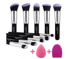 BEAKEY Set de Brochas de Maquillaje Profesional, Synthetic Kabuki Premium para Base Polvos Colorete Contorno, con Esponja y Limpiador de Cepillo (10+2 Piezas, Negro/Plateado)