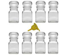 Viva Haushaltswaren - Tarros de Cristal (8 Unidades 150 ml con tapón de Cristal para Especias té Regalo etc. Incluye un Embudo Amarillo)