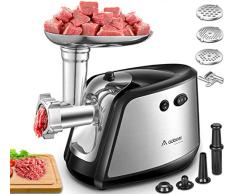 Aobosi Picadora de Carne Eléctrica, 1200W Max, 3-IN-1 Salchicha y Máquina Picadora Carne con 3 Placas de Molienda,Embutidora de Salchichas, Función inversa, Motor de cobre, Acero Inoxidable
