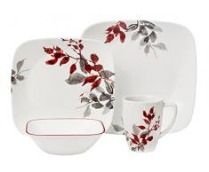 Corelle - Juego de vajilla de 16 piezas, de vidrio Vitrelle resistente a las roturas y las desportilladuras, modelo Kyoto Leaves, servicio para 4 personas, color rojo / gris