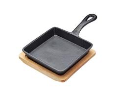 Artesà Mini Sartén con Tabla de Servir de Madera, Forma Rectangular, Hierro Fundido, Caja de Regalo Incluida, 16 x 24,5 cm - Negro/Beige