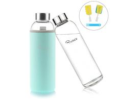 Ryaco Botella de Agua Cristal 550ml, Botella de Agua Reutilizable 18 oz, Sin BPA Antideslizante Protección Neopreno Llevar Manga y Cepillo de Esponja