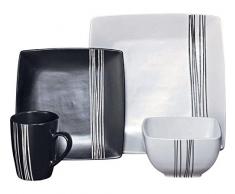 Vajilla de 16 piezas de gres blanco y negro con diseño cuadrado