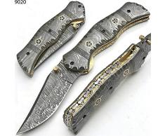 9020 Cuchillo Damasco artesanal - Cuchillo plegable - Cuchillo de camping - Cuchillo de bolsillo - Cuchillo de coleccionista - Con funda de piel - Cuchillo de alta calidad 100%