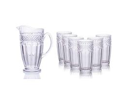 Homevibes Jarra para Agua 1.5Lts Y 6 Vasos De Agua con Relieve Cristal Resistente Jarra para Agua De Cristal con Relieve