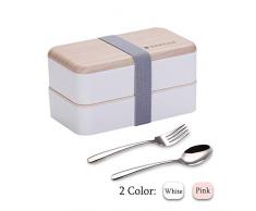 Binoster Fiambrera bento Box Original Lunch Box Lunchbox Caja de Almuerzo contenedor Bundle Divider Estilo japonés a Prueba de Fugas con Acero Inoxidable Utensilios Cuchara y Tenedor (Blanco)