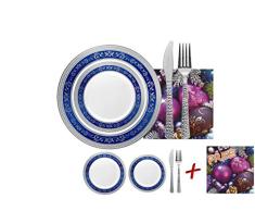 Decorline-Vajilla fijó Navidad 20 PERSONAS-Desechables lujo Vajilla (Vajilla de plástico blanco con borde azul/plata)