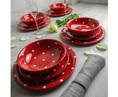 Juego de vajilla de cerámica pintada a mano en blanco y rojo para 4 platos de cena, platos laterales, cuencos y vajilla