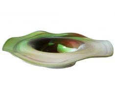 Grande cuenco de cristal coloreado, adorno cascara decorativa de vidrio soplado a boca en el colour verde, beige, blanco de marmol, diametro cerca 28 cm y altura cerca 6 cm, disenado y fabricado por Oberstdorfer Glashütte