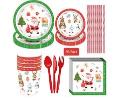 Amycute 93 Piezas 8 Invitados Vajilla de Disenos Navidenos, Vajilla Festiva para Fiesta de Navidad Vajilla de Papel Decoracion Desechable