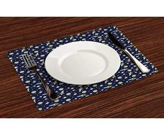 ABAKUHAUS Espacio Salvamantel Set de 4 Unidades, Gato Volando Al Espacio Exterior, Deco para la Mesa Lavable Cocina Estampa Digital, Añil Mostaza Azul Pálido