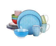 vancasso Serie Macaron Vajilla de Porcelana 16 Piezas Pintados a Mano de Estilo Japonés Juego de Vajillas Completas, Diseño con 4 Colores y Patrones, para 4 Personas