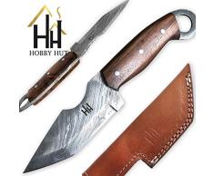 Hobby Hut HH-301, Cuchillo de Caza de Damasco de 9,5 Pulgadas Hecho a Mano Personalizado - Hoja Fija de Espiga Completa, Mango de Madera de Nogal - Funda de Cuero