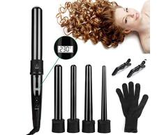Rizador de Pelo 5 en 1, Rizadoras Profesionales Pantalla LCD Rulos Kit con Barriles de Cerámica Intercambiables de 9mm a 32mm, Temperatura Ajustable Entre 80°C-230°C, Guante y Caja(Negro)