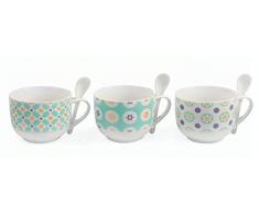 Villa d'Este Geometry Juego de 3 Tazas de Desayuno con Cucharilla, de Porcelana de Ceniza de Hueso, Varios Colores