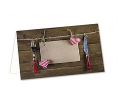 '50 unidades rojas Tarjetas de mesa "cuchillo y tenedor rústico con corazones y cubiertos como Espacio Tarjetas o tarjetas de nombre para su fijo; 8,5 x 5,5 cm.