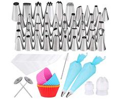 Boquillas para Manga Pastelera Decoración, Gyvazla 72 piezas Set con 50 Boquillas, 2 Bolso de Pastelería, 10 Desechable Bolso, 2 Acopladores, 2 Soporte, 5 Moldes de Silicona y Cepillo de Limpieza