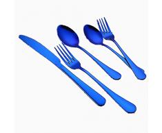 Juego de vajilla redonda lisa de una pieza portátil de acero inoxidable portátil Cubiertos de carne occidental Juego de cinco piezas para comidas familiares y picnics al aire libre,Azul