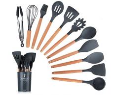 Juego de utensilios de cocina de silicona de 11 piezas Utensilios de cocina antiadherentes resistentes al calor con mangos de madera para restaurantes comerciales y hogares