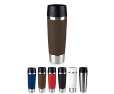 Emsa Travel Mug - Taza térmica de 0,5 l, mantiene calor 4 h y frío 8 h, acero inoxidable con base antideslizante y zona de agarre de silicona con letras grabadas, color marrón
