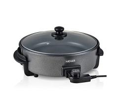 HAEGER Top Gourmet 36 - Paellera, Sartén Eléctrica para Paella y Pizza, Cazuela Multiusos con Tapa de Vidrio, 5 Niveles con termostato y Antiadherente (1500W)
