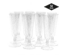 50 Copas Flautas de Champán de Plástico Desechables, 150ml - Brillo Plateado - Elegante, Resistente y Reutilizable| Vasos Alargadas Champagne para Fiestas Cumpleaños Boda Navidad Año Nuevo.