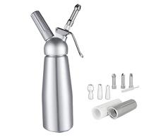 DOGKLDSF dispensador de Crema Batida, Crema Todo panadería Aluminio decoración de DIY decoración Tanque de nitrógeno sifón gastronómica 3 Acero Nozzles500ml (Plata)