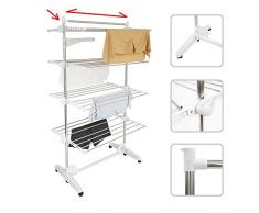 Todeco - Estante para Secado de Ropa, Tendedero - Material: Tubos de acero inoxidable - Carga máxima: 3 kg por barra de soporte - 4 estantes, Blanco, con alas y barra superior